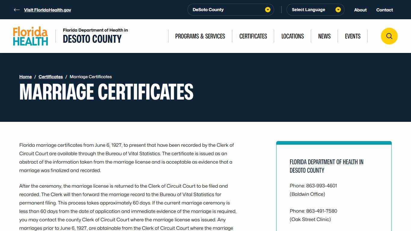 Marriage Certificates - Florida Department of Health in DeSoto County