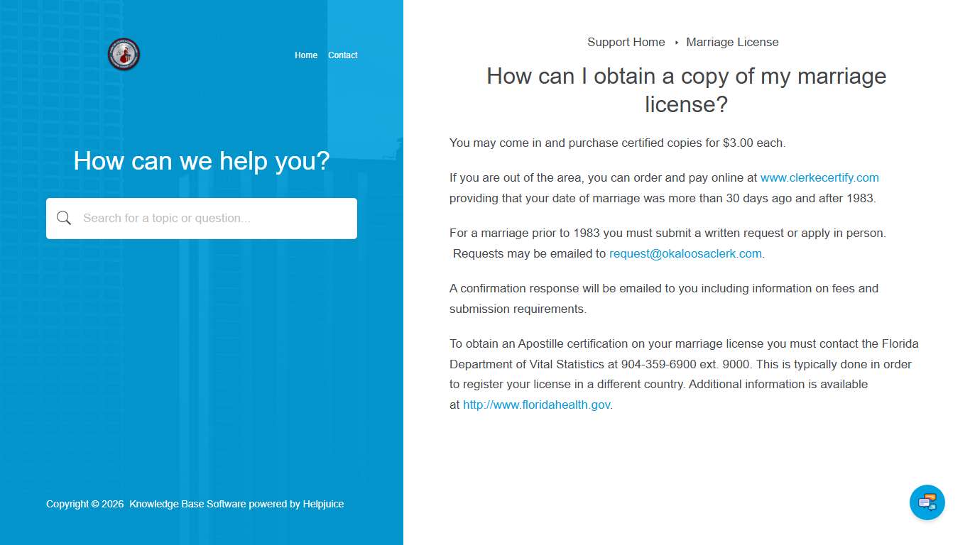 Okaloosa County Clerk of Circuit Court — How can I obtain a copy of my marriage license?