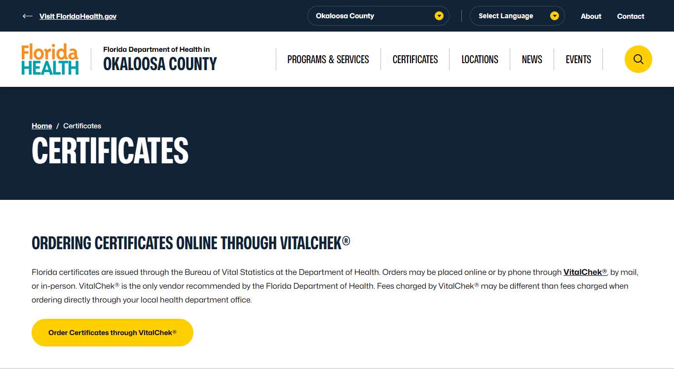 Certificates - Florida Department of Health in Okaloosa County